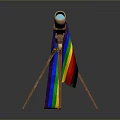 Telescope Mounted on Tripod with Rainbow Flag in Scenic Gray Landscape