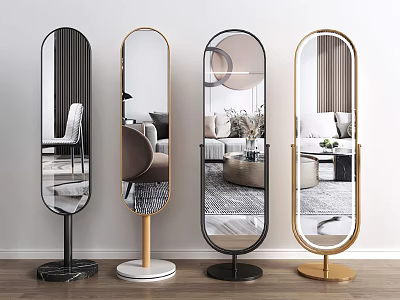 Four Modern Stylish Floor Mirrors with Gold Frame Black Marble Wooden Bases Reflecting Living Room 3d model