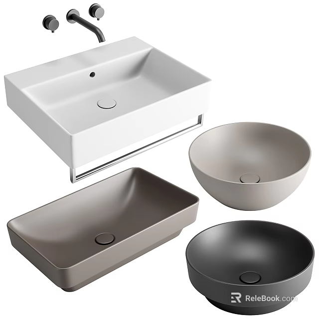 Modern Bathroom Sinks In Square Rectangular And Round Shapes With White Gray Black Tones 3d model 