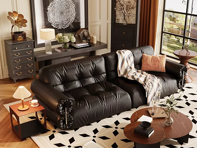 Black Leather Sofa And Wooden Coffee Table With Throw Blanket Accent Pillow Area Rug 3d model