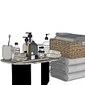 Stylish Bathroom Set With Toothbrush Soap Dispensers Towels And Wicker Basket On Marble Countertop
