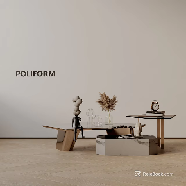 Modern Sofa and Coffee Table Set with Pampas Grass Sculpture and Decorative Clock 3d model