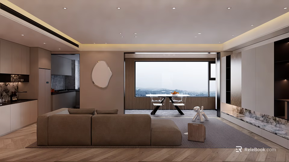Modern Living Dining Room Interior With Brown Sofa Dining Table Wooden Floor And Large Window View 3d model 