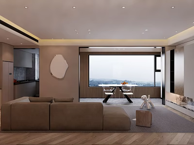 Modern Living Dining Room Interior With Brown Sofa Dining Table Wooden Floor And Large Window View 3d model