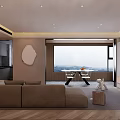 Modern Living Dining Room Interior With Brown Sofa Dining Table Wooden Floor And Large Window View