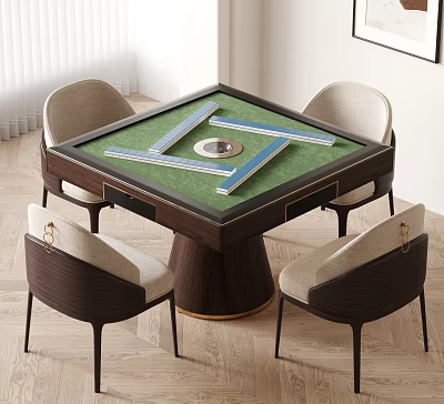 Mahjong Entertainment Table With Green Surface And Wooden Frame Surrounded By Four Chairs 3d model