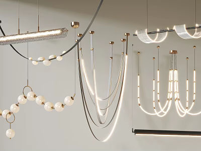 Elegant Modern Lighting Combinations With Gold Crystal Beaded And Linear Pendant Lamps 3d model