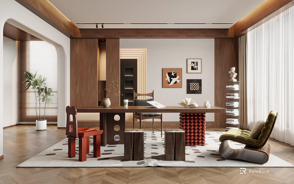 Modern Study Room Interior With Wooden Desk Red Chairs Decorative Paintings Green Plants And Rug 3d model 