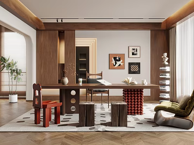 Modern Study Room Interior With Wooden Desk Red Chairs Decorative Paintings Green Plants And Rug 3d model
