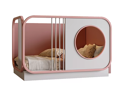 Pink And White Double Bed Design With Circular Mirror Rail And Pillows 3d model