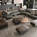 Modern L Shaped Leather Sofa And Coffee Table Set With Ottomans Pillows And Green Plants