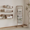Wooden Wall Shelves and Floor Shelving in Modern Home Interior with Books Plants and Newspapers