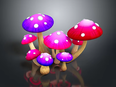 Colorful Mushrooms with Purple Pink Hues White Spots Various Sizes and Reflections on Dark Background 3d model