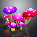 Colorful Mushrooms with Purple Pink Hues White Spots Various Sizes and Reflections on Dark Background
