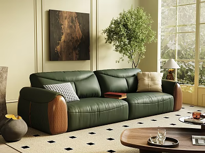 Cozy Living Room With Green Leather Sofa Wooden Armrests Pillows Wall Art And Window Plant 3d model