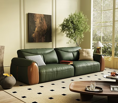 Cozy Living Room With Green Leather Sofa Wooden Armrests Pillows Wall Art And Window Plant 3d model