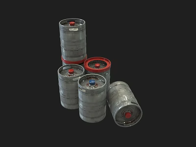 Metal Drums With Red Lids Stacked And Scattered On Black Background 3d model