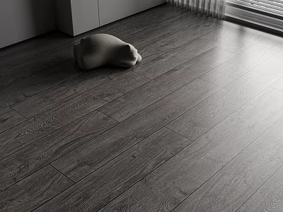 Dark Wood Flooring In Minimalist Room With Sculpture 3d model