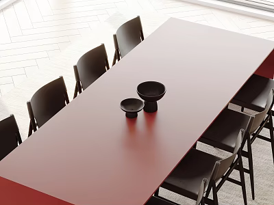 Modern Red Rectangular Dining Table Set With Black Chairs And Black Bowls 3d model
