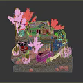 Cartoon Scenic Model With House Solar Panels Trees Cactus Watermill Small Train Rocky Ground Fence
