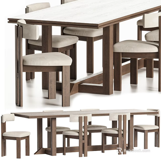 Minimalist Modern Wooden Dining Table Set With Padded Chairs And Solid Legs 3d model