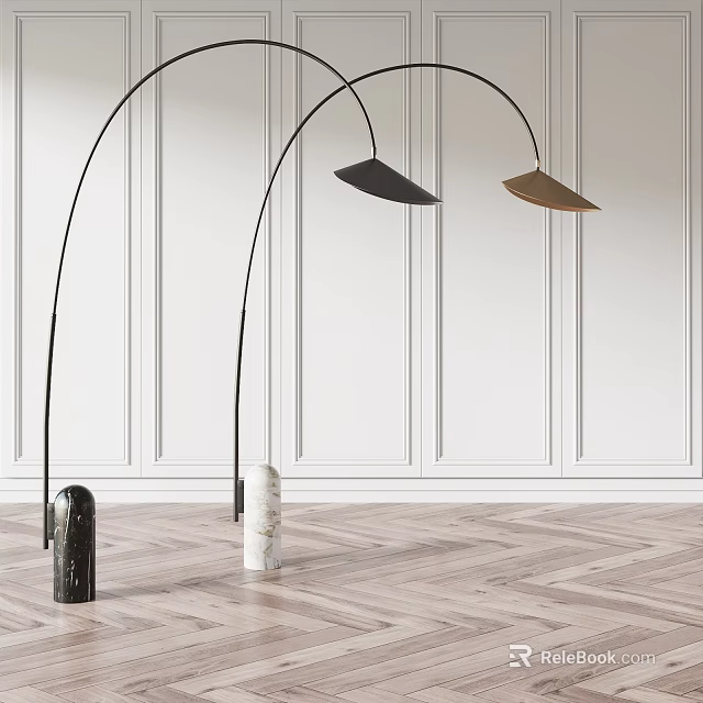 Modern Arc Floor Lamps With Marble Metal Bases Black Brown Shades White Wall 3d model 