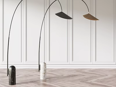Modern Arc Floor Lamps With Marble Metal Bases Black Brown Shades White Wall 3d model