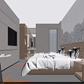 Modern Hotel Room Interior Design With King Bed White Linens And Mountain Pattern Wallpaper