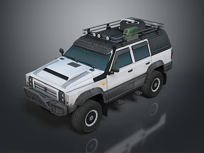 White Off Road Vehicle With Roof Rack Green Storage Box And Large Tires 3d model