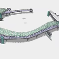 Modern Curved Bridge Design With Glass Canopy And Green Support Structures 3d model