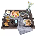 Wooden Breakfast Tray With Croissant Waffles Fresh Fruits Blueberries And Honey