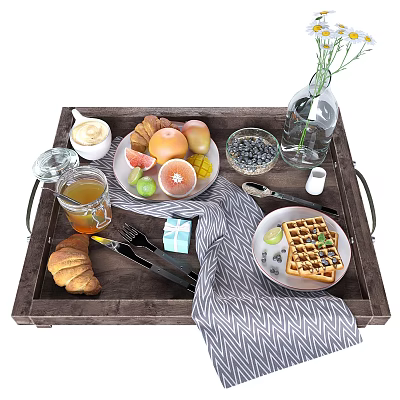 Wooden Breakfast Tray With Croissant Waffles Fresh Fruits Blueberries And Honey 3d model