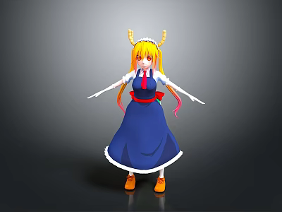 Game Anime Character with Blonde Hair Horns Blue Dress Red Ribbon and White Cuffs 3d model