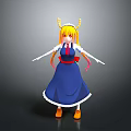 Game Anime Character with Blonde Hair Horns Blue Dress Red Ribbon and White Cuffs