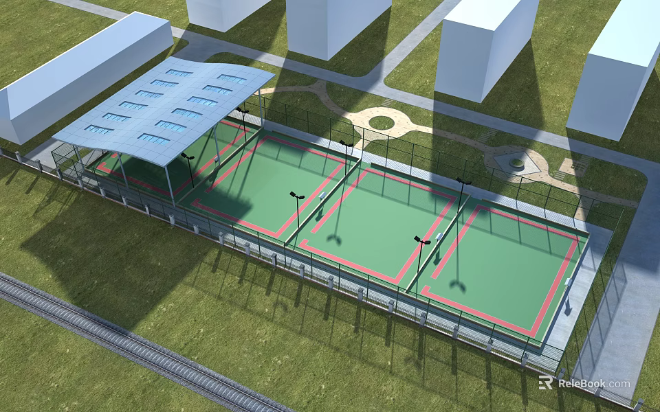 Outdoor Sports Fitness Facility Featuring Two Tennis Courts Green Surfaces Red Lines And Blue Canopies 3d model 