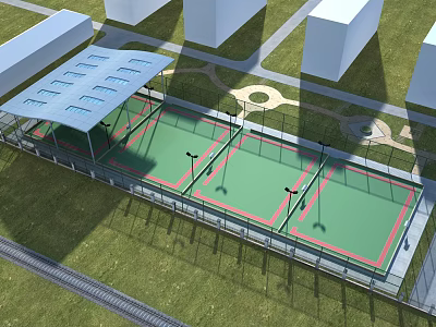 Outdoor Sports Fitness Facility Featuring Two Tennis Courts Green Surfaces Red Lines And Blue Canopies 3d model