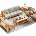 Natural Wood Sofa Coffee Table Combination With Armchairs Side Tables And Tea Decor 3d model