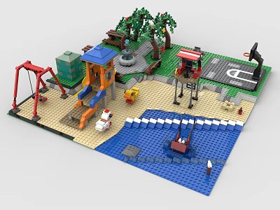 Creative Building Blocks Outdoor Scene With Slide Trees Basketball Court Pond And Small House 3d model