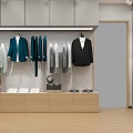 Modern Elegant Clothing Store With Suits Coats Display Racks Wooden Flooring Sofa Coffee Table
