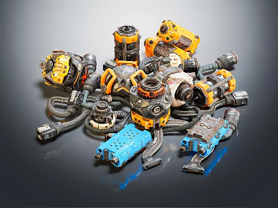 Assorted Colorful Mechanical Parts Featuring Yellow Blue Components And Various Shapes 3d model