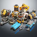 Assorted Colorful Mechanical Parts Featuring Yellow Blue Components And Various Shapes