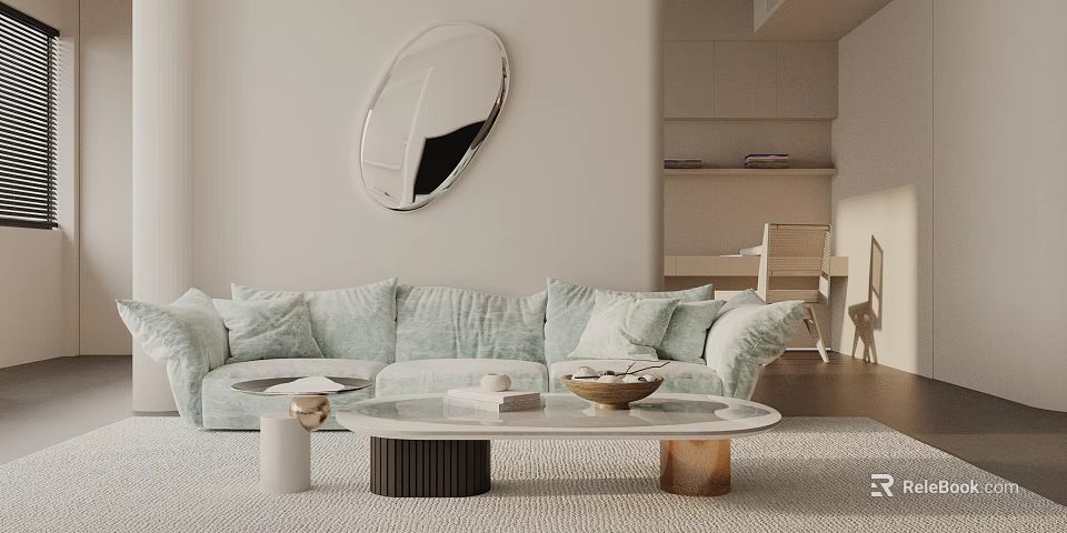 Modern Three-Seater Sofa in Living Room With Plush Pillows Marble Coffee Table and Oval Mirror 3d model 
