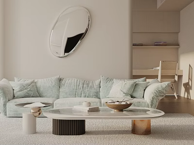 Modern Three-Seater Sofa in Living Room With Plush Pillows Marble Coffee Table and Oval Mirror 3d model