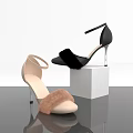 Stylish Women's High Heel Sandals Beige And Black With Faux Fur Ankle Strap Design