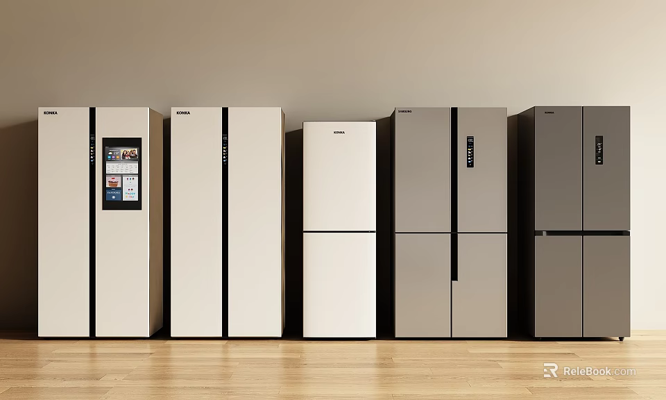 Multiple Style Refrigerators and Freezers in White and Gray Arranged on Wooden Floor 3d model 