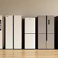 Multiple Style Refrigerators and Freezers in White and Gray Arranged on Wooden Floor