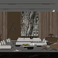 Modern Living Room Interior With Large Marble Artwork And Wooden Panel Walls