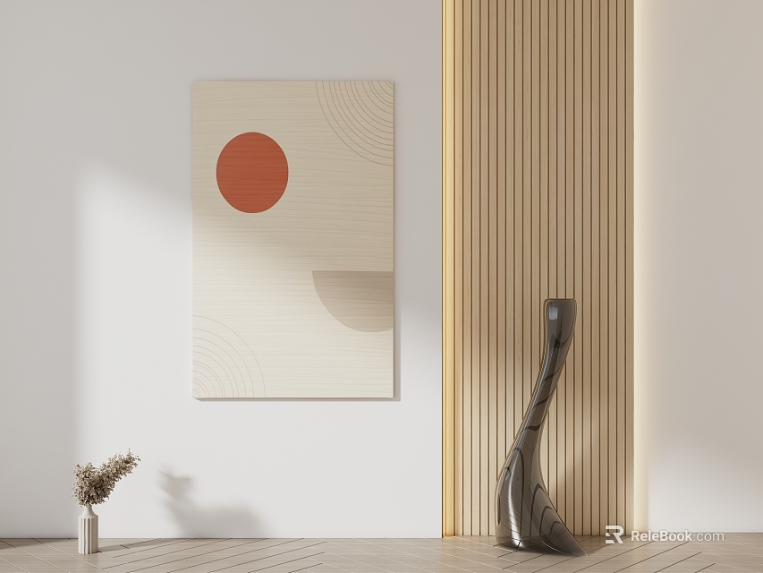 Minimalist Interior with White Wall Abstract Painting Red Circle Beige Wooden Vertical Slats Black Vase 3d model 