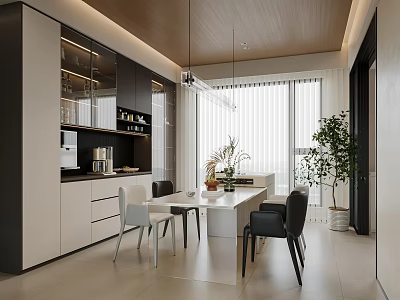 Modern Open Concept Restaurant Interior With Dining Table Chairs Pendant Lights And Green Plants 3d model