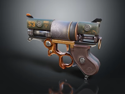 Vintage Mechanical Revolver Weapon With Green Metal Body And Gold Accent Details 3d model